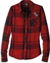 Harley-Davidson Silver Wing Script Font One Pocket Plaid Shirt For Women, Yarn Dyed Plaid-Cabernet | 96216-22VW