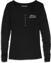 Harley-Davidson Script Font Five Snap Henley For Women, Black Beauty | 96261-22VW