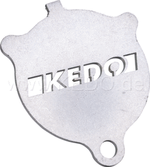 Kedo Side Stand Support (shape like oil filter cover SR / XT), 3mm stainless steel with rounded edges, lasered lettering | 41067KD