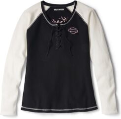 Harley-Davidson Script Font Laced Front Waffle Henley For Women, Black Beauty | 96090-22VW