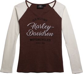Harley-Davidson Silver Wing Font Graphic Notch Neck Colorblock Waffle Knit Top For Women, Colorblock Design/Cabernet | 96243-22VW