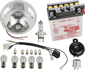 Kedo Add-On Kit H4 for Item 50544 PME 12V conversion, includes all bulbs, YUASA battery, flasher relay, horn, H4 bulb and adapter + headlight reverberator | 50551-Y