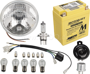 Kedo Add-On Kit H4 for Item 50544 12V conversion, includes all bulbs, closed AGM battery, flasher relay, horn, headlight and adapter wiring loom | 50551