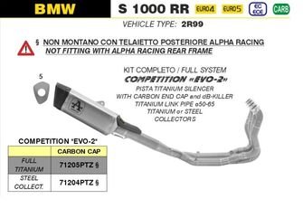 Arrow / アロー BMW S1000RR '19/22 競技用フルシステムマフラー ハイバージョン チタンコレクター チタニウム PISTA サイレンサー DB-KILLER付属 | 71205PTZ