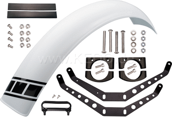 Kedo Trial Front Fender style engine, white, not drilled, free positionable, including black aluminum brackets, milled aluminum clamps & decals. | 50769W