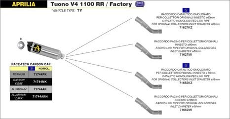 ARROW / アロー APRILIA RSV4 15/16-TUONO V4 1100 '15/16 eマーク アルミニウムダーク RACE-TECH サイレンサー カーボンエンドキャップ付 ARROWリンクパイプ用 | 71744AKN