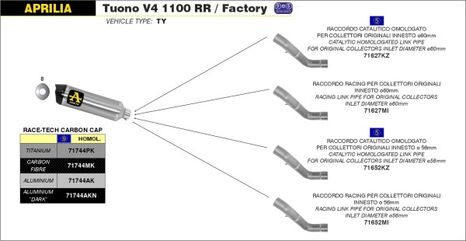 ARROW / アロー APRILIA RSV4 15/16-TUONO V4 1100 '15/16 eマーク認証 カーボン RACE-TECH サイレンサー カーボンエンドキャップ付 ARROWリンクパイプ用 | 71744MK