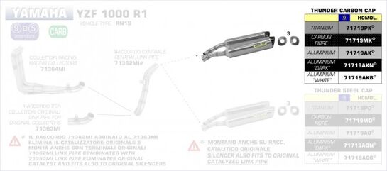 ARROW / アロー YAMAHA R1 '07/11 eマーク認証 アルミニウムダーク RH+LH THUNDER サイレンサー カーボンエンドキャップ付 | 71719AKN