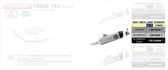 Arrow / アロー Street Race-Tech Aluminium Silencer with Carby End Cap、Endcap Carbon、ECEホモログ、DBキラーが含まれています | 73518AK