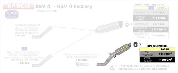 ARROW / アロー APRILIA RSV 4-RSV 4 FACTORY-TUONO V4 R GP2 スチールダーク サイレンサー + リンクパイプ アローコレクター用 | 71009GPI