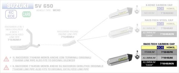 ARROW / アロー SUZUKI SV 650 '16 eマーク認証 アルミニウム RACE-TECH サイレンサー カーボンエンドキャップ付 ARROWリンクパイプ用 | 71846AK
