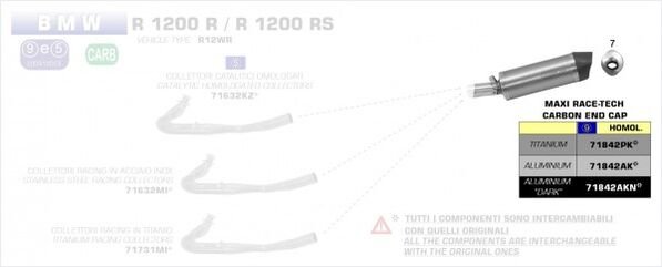 ARROW / アロー BMW R 1200 R/RS '15/16 eマーク アルミニウムダーク MAXI RACE-TECH サイレンサー, カーボン エンドキャップ, オリジナル / Arrowコレクター用 | 71842AKN