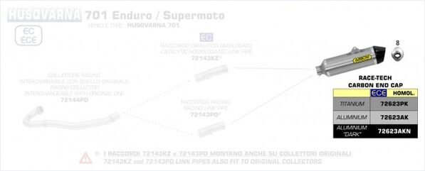 ARROW / アロー ハスクバーナ 701 ENDURO SUPERMOTO '17 eマーク認証 アルミニウム RACE TECH サイレンサー カーボンエンドキャップ付 ARROWリンクパイプ用 | 72623AK