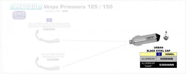 ARROW / アロー PIAGGIO VESPA PRIMAVERA 125 eマーク認証 アルミニウムダーク RACE-TECH サイレンサー ブラックスチールエンドキャップ付 アロー コレクター | 53504ANN