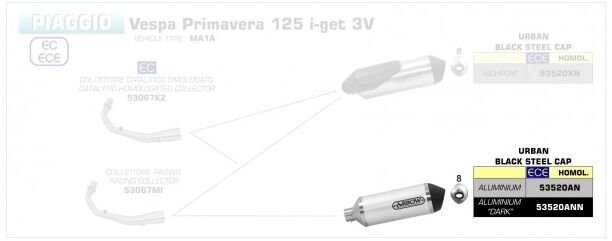 ARROW / アロー VESPA PRIMAVERA I-GET 125 '17 eマーク認証 アルミニウムダーク URBAN SIL.WITH ステンレス DARK エンドキャップ | 53520ANN