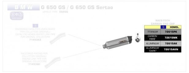ARROW / アロー BMW G 650 GS '11/13 eマーク認証 アルミニウムダーク RACE-TECH サイレンサー カーボンエンドキャップ付 アロー ミッドパイプ | 72615AKN