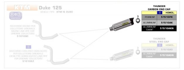 ARROW / アロー KTM DUKE 125 '11 eマーク認証 アルミダークサンダー サイレンサー カーボンエンドキャップ付 アロー ミッドパイプ | 51510AKN