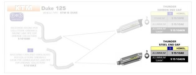 ARROW / アロー KTM DUKE 125 '11 eマーク認証 アルミニウムサンダー サイレンサー カーボンエンドキャップ付 アロー ミッドパイプ | 51510AK