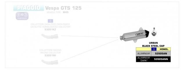 ARROW / アロー PIAGGIO VESPA GTS 125 eマーク認証 アルミニウムダーク RACE-TECH サイレンサー ブラックスチールエンドキャップ付 アロー コレクター | 53505ANN