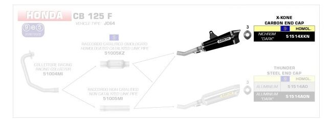 ARROW / アロー HONDACB125F '15/16 eマークX-KONE ニクロム サイレンサー カーボン エンドキャップ+スチール リンクパイプ アロー コレクター + リンクパイプ | 51514XKN