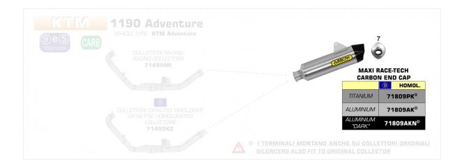 ARROW / アロー KTM 1190 ADVENTURE R '13 eマーク認証 アルミニウムダーク MAXI RACE-TECH サイレンサー カーボンエンドキャップ付 | 71809AKN