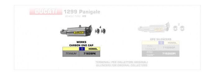 ARROW / アロー DUCATI 1299 PANIGALE '15 eマーク認証 チタン WORKS LH+RH サイレンサー カーボンエンドキャップ付 オリジナルコレクター用 | 71839PK