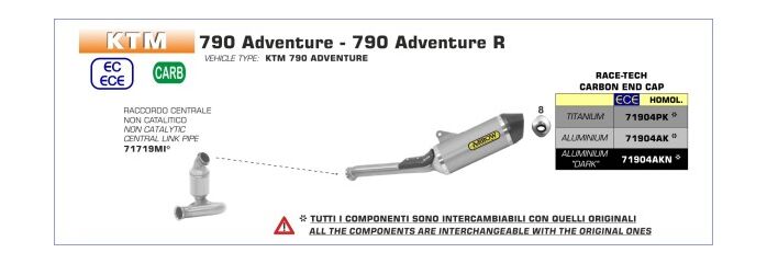 ARROW / アロー KTM 790 Adventure 2019- Race Tech チタンエキゾースト (Eマーク) ウェルデッドリンクパイプ + カーボンエンドキャップ | 71904PK