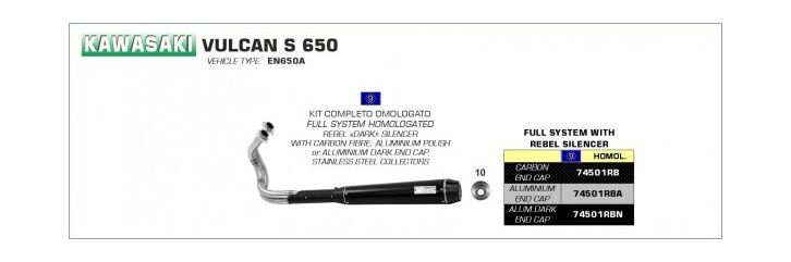 ARROW / アロー KAWASAKI VULCAN S 650 '14/15 eマーク認証 ステンレス DARK 2:1 REBEL フルシステム カーボンエンドキャップ付 | 74501RB