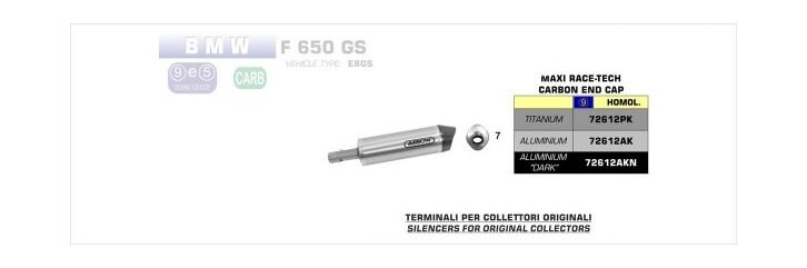 ARROW / アロー BMW F 650 GS '08/09 / F 800 GS '09 eマーク認証 アルミニウムダーク RACE-TECH サイレンサー カーボンエンドキャップ付 | 72612AKN