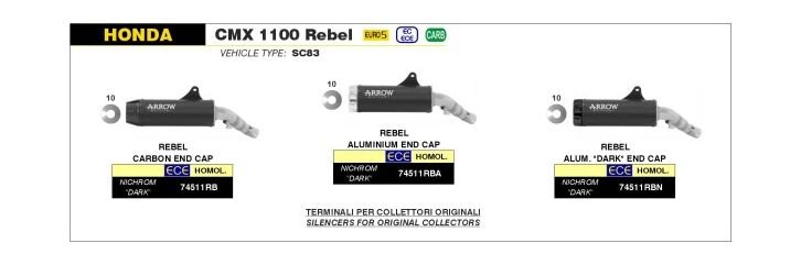 Arrow / アロー HONDA CMX 1100 REBEL '22 認証マフラー ニクロム DARKサイレンサー カーボンエンドキャップ | 74511RB